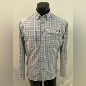Under Armour Shirt Mens Small Loose Fit HeatGear Gray Plaid Nylon Fishing SPF50+